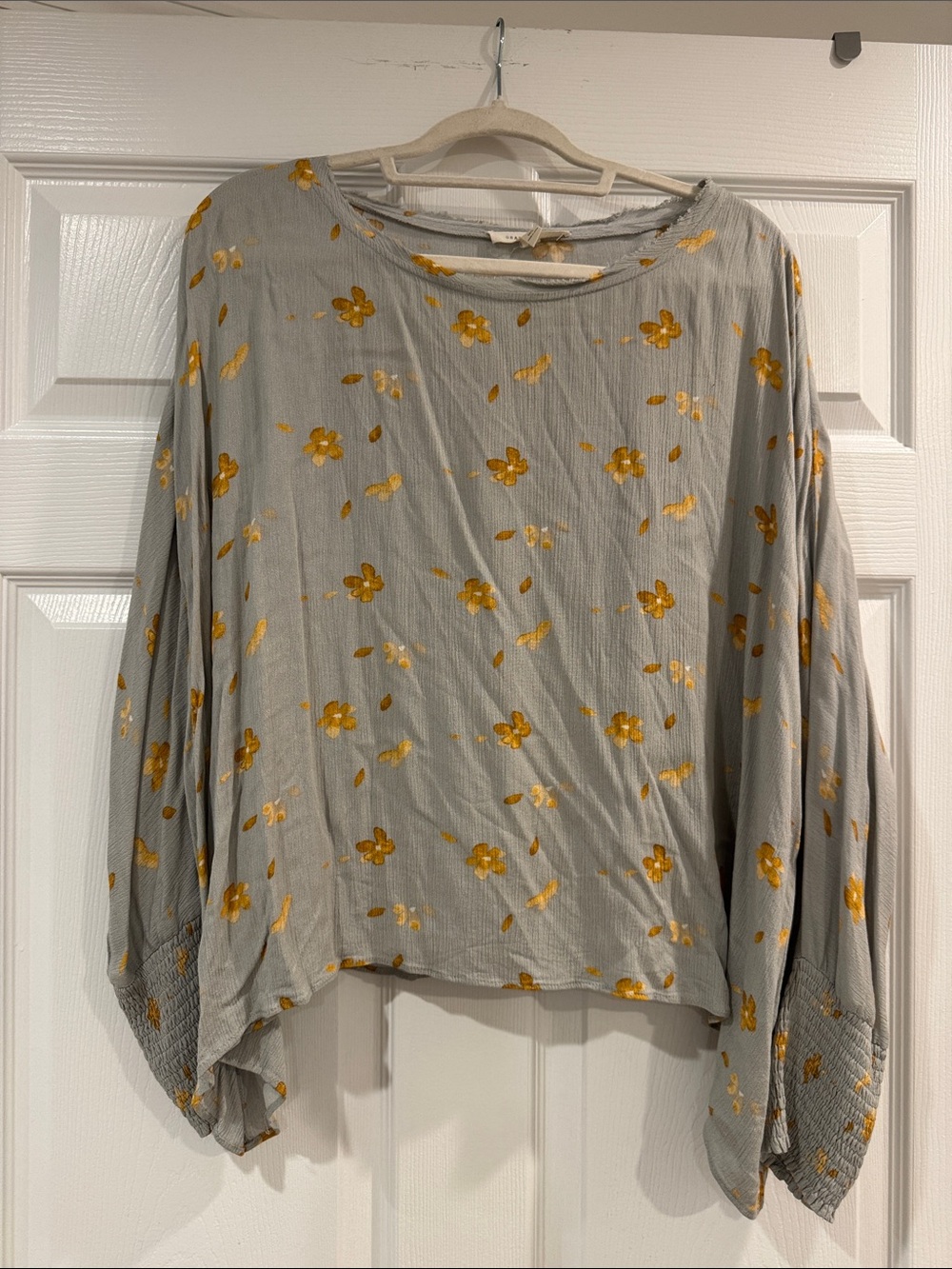 Light Gray Floral Long-Sleeve Blouse with Mustard Flower Print